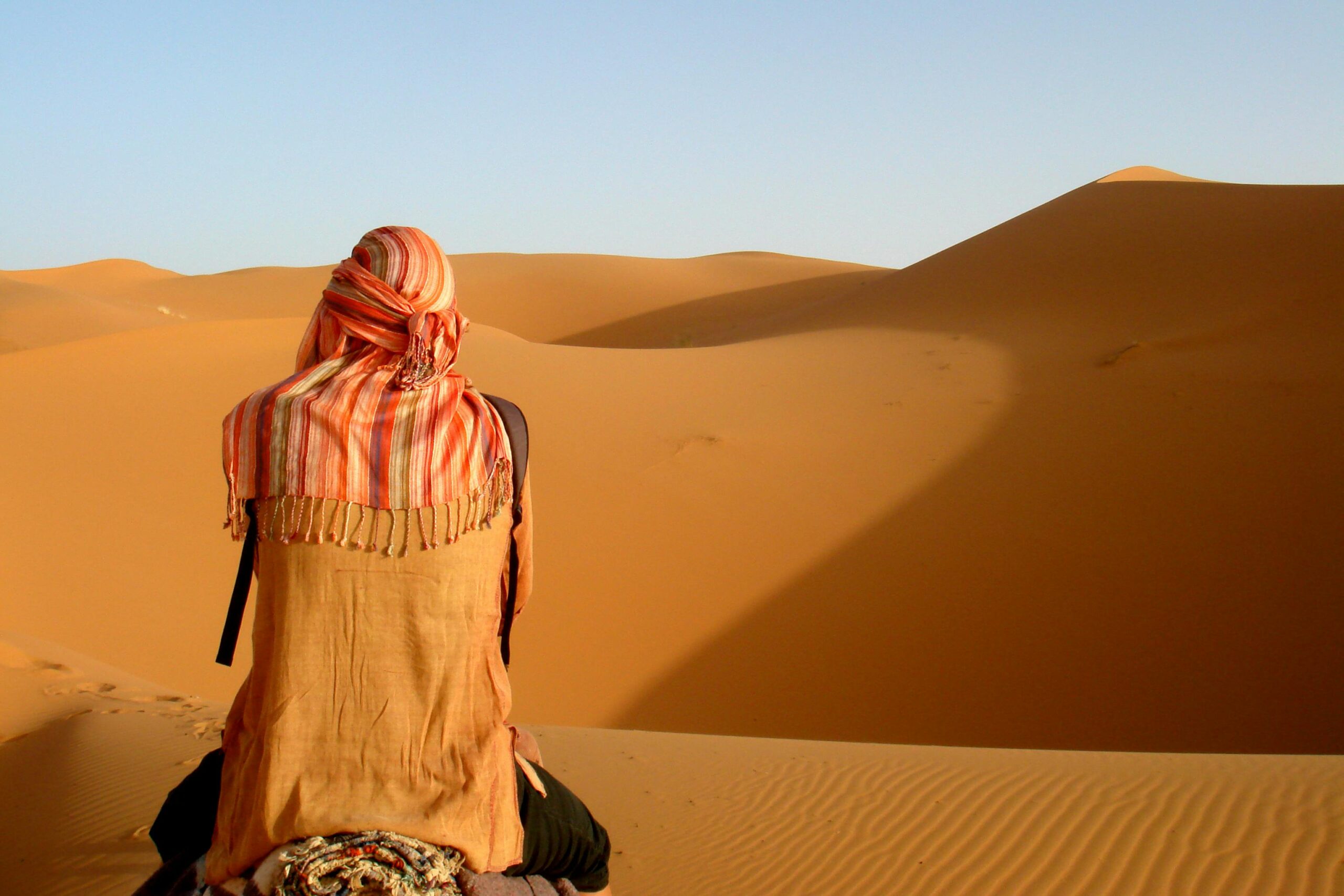 Traveler viewed from behind, admiring Morocco's striking sand dunes.