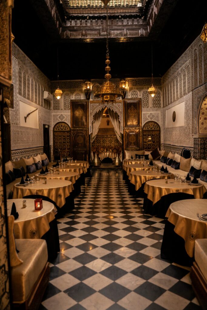 Luxurious Moroccan restaurant with elegant chandeliers and intricate decor in Marrakesh.